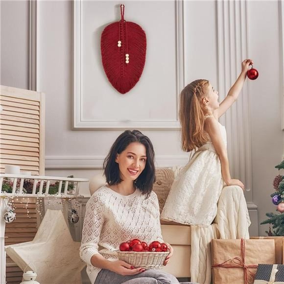 Wine Red Macrame Leaf Wall Hanging,Boho Wall Decor Handmade Macrame Wall Hanging - Picture 6 of 6